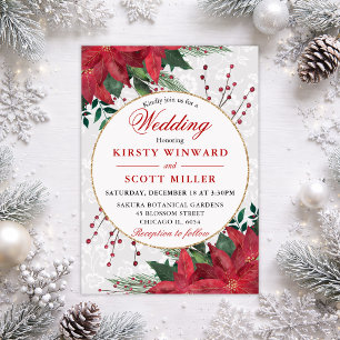 Red Poinsettia Round Frame Wedding Invitation