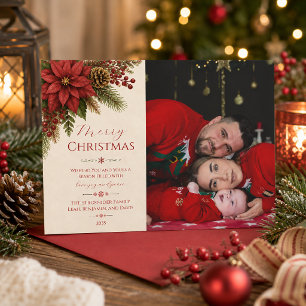 Red Poinsettia Rustic Christmas Photo Holiday Card