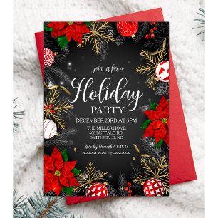 Red Poinsettia Snowflake Ornaments Holiday Invitation