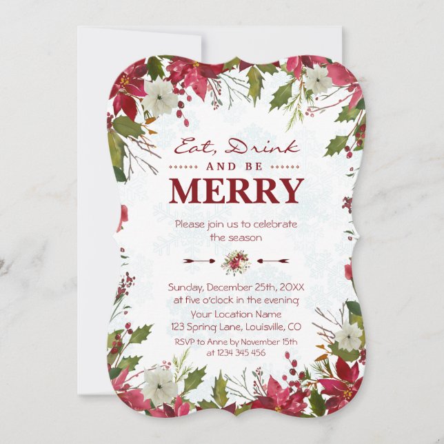 Red Poinsettia Snowflakes Eat Drink and be Merry Invitation (Front)