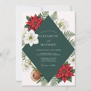 Red Poinsettia Teal Eucalyptus Wedding Invitation