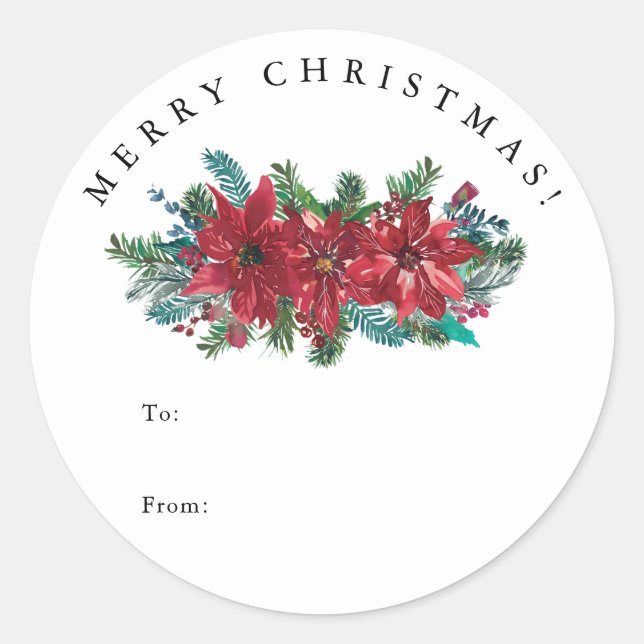 Red Poinsettia TO and FROM Classic Christmas Gift Round Sticker (Front)