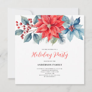 Red Poinsettia Watercolor Christmas Invitation