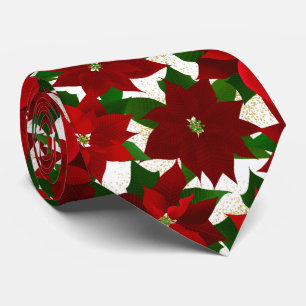 Red Poinsettia White Christmas Tie