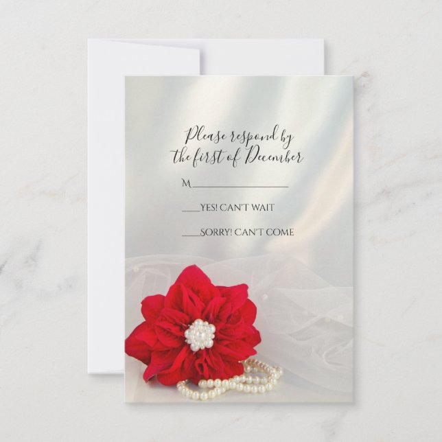 Red Poinsettia White Pearls Winter Wedding RSVP Card (Front)