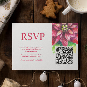 Red Poinsettia Winter Christmas Wedding QR Code RSVP Card