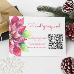 Red Poinsettia Winter Christmas Wedding QR Code  RSVP Card