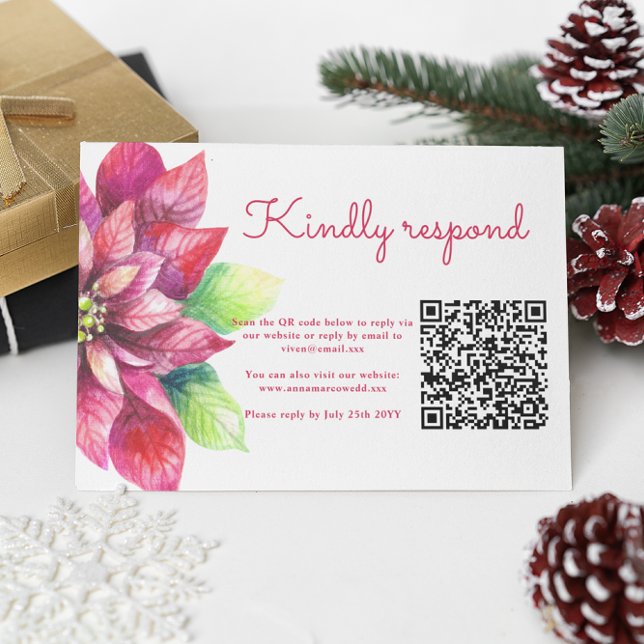 Red Poinsettia Winter Christmas Wedding QR Code  RSVP Card (Creator Uploaded)