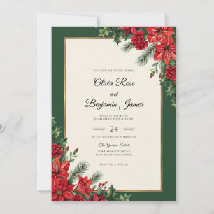 Red Poinsettia Winter Sage Wedding Invitation