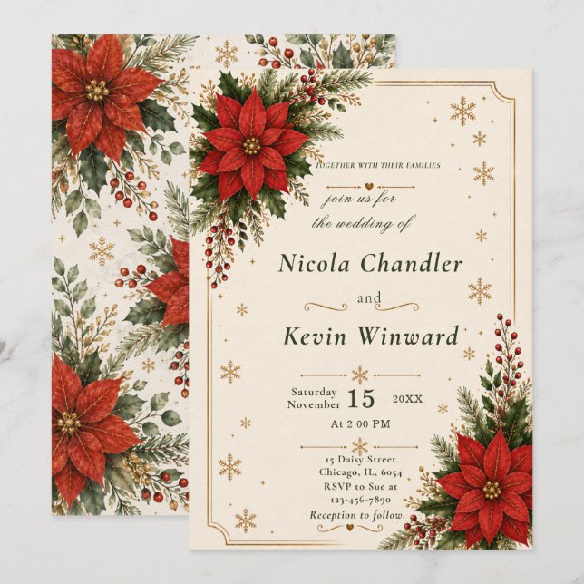Red Poinsettia Winter Wedding Invitation (Front/Back)