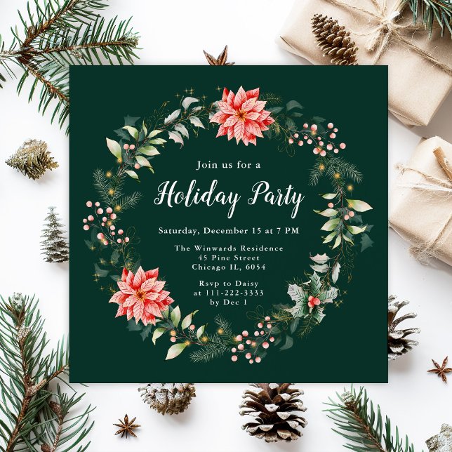 Red Poinsettia Wreath Holiday Party Invitation (Creator Uploaded)