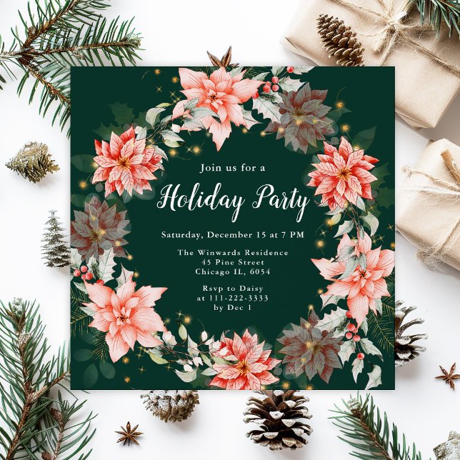 Red Poinsettia Wreath Holiday Party Invitation (Creator Uploaded)