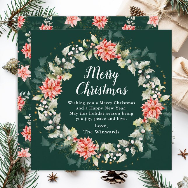 Red Poinsettia Wreath Merry Christmas Holiday Card (Creator Uploaded)