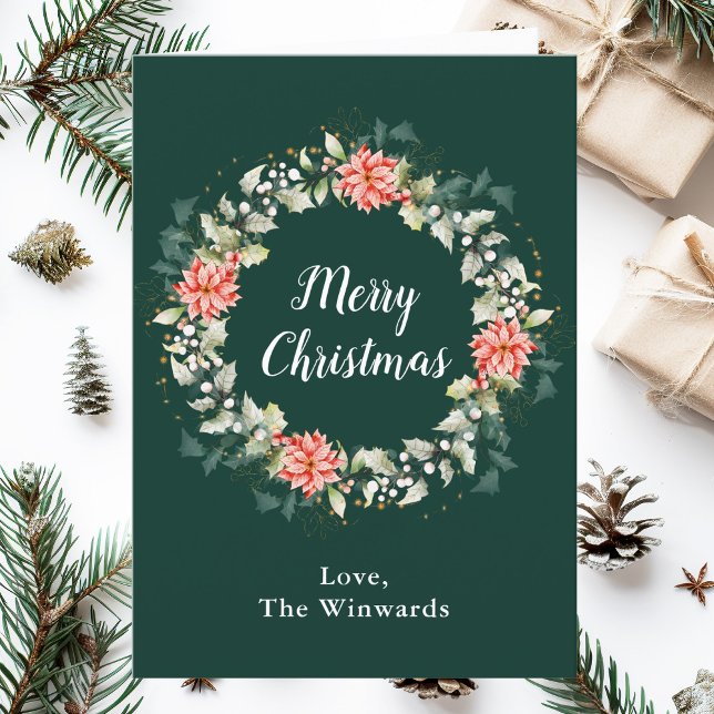 Red Poinsettia Wreath Merry Christmas Holiday Card (Creator Uploaded)