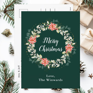Red Poinsettia Wreath Merry Christmas Holiday Postcard