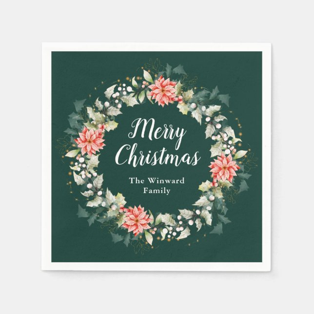 Red Poinsettia Wreath Merry Christmas Napkin (Front)