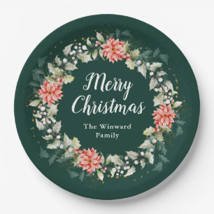 Red Poinsettia Wreath Merry Christmas Paper Plate
