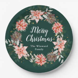 Red Poinsettia Wreath Merry Christmas Paper Plate