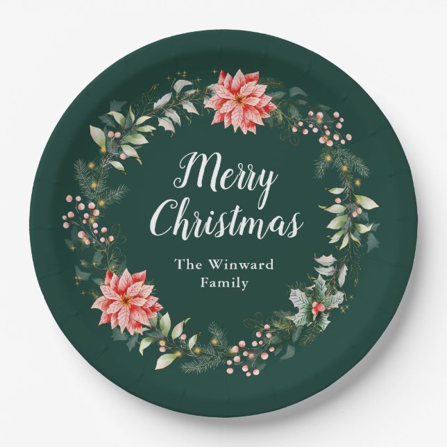 Red Poinsettia Wreath Merry Christmas Paper Plate (Front)