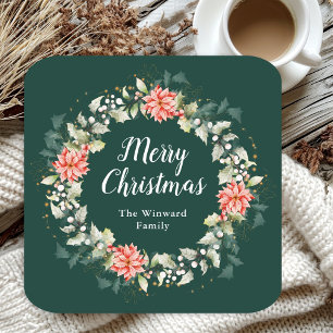 Red Poinsettia Wreath Merry Christmas Square Paper Coaster