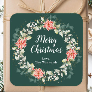 Red Poinsettia Wreath Merry Christmas Square Sticker