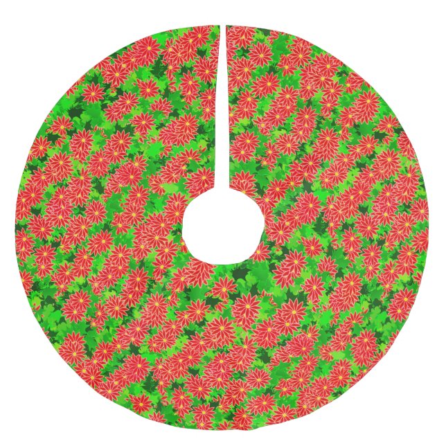 Red Poinsettias and Green Holly Brushed Polyester Tree Skirt (Front)