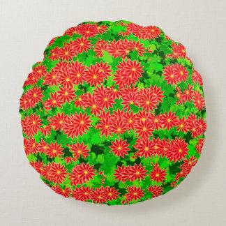 Red Poinsettias and Green Holly Round Cushion