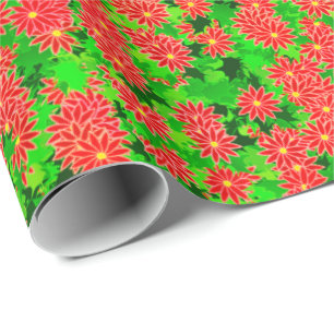 Red Poinsettias and Green Holly Wrapping Paper
