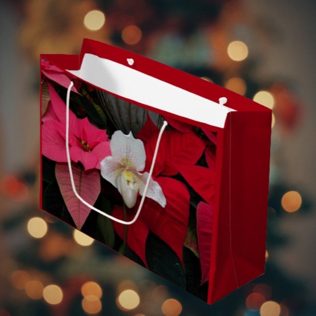 Red Poinsettias and Lady Slipper Orchid Holiday Large Gift Bag (In Situ)