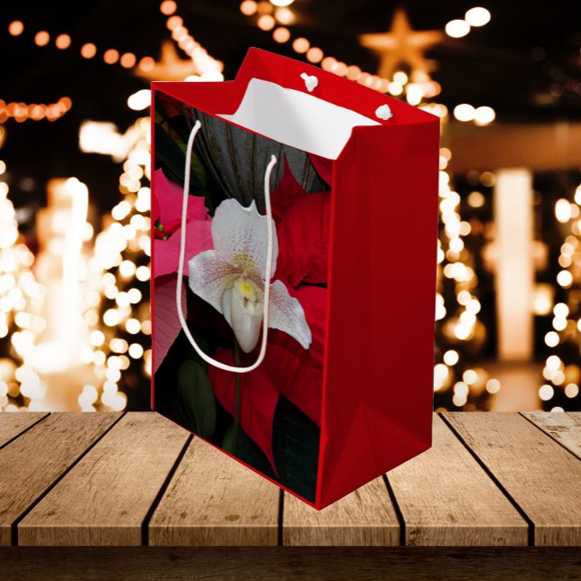 Red Poinsettias and Lady Slipper Orchid Holiday Medium Gift Bag (In Situ)