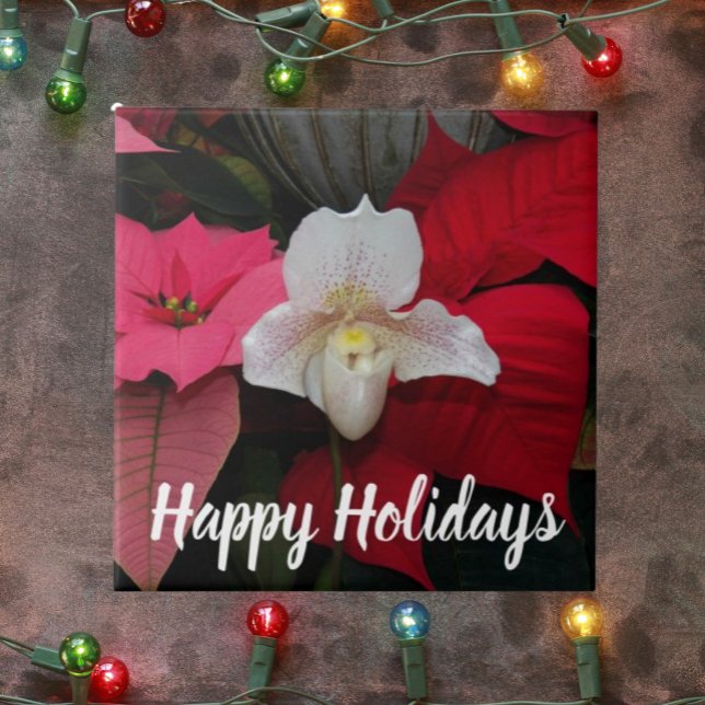 Red Poinsettias and Lady Slipper Orchid Holiday Tile (In Situ Holiday)