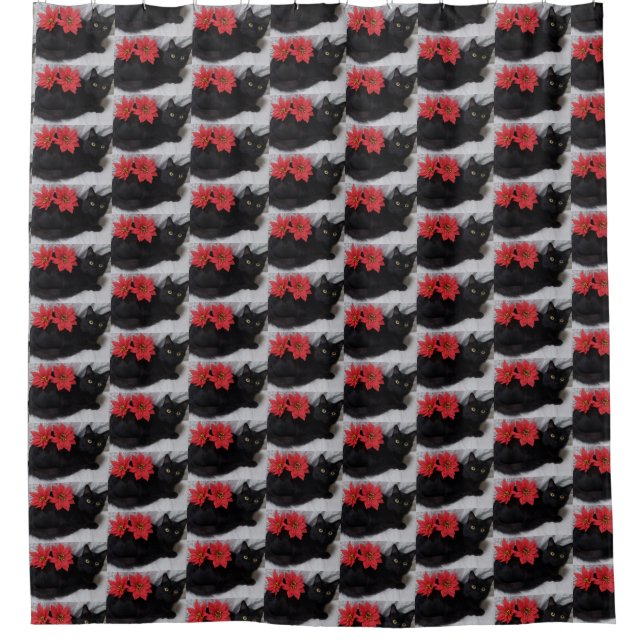 Red Poinsettias Black Cat Elegant White Christmas Shower Curtain (Front)