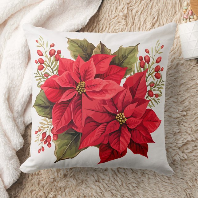 Red Poinsettias  Cushion (Poinsettia Pillow with Blanket Great Holiday Gifting!)