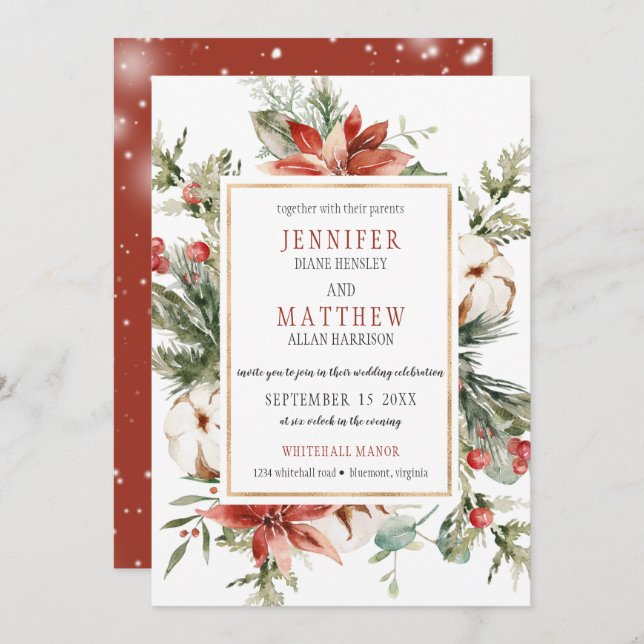 Red Poinsettias Evergreen Branches Gold Wedding |  Invitation (Front/Back)