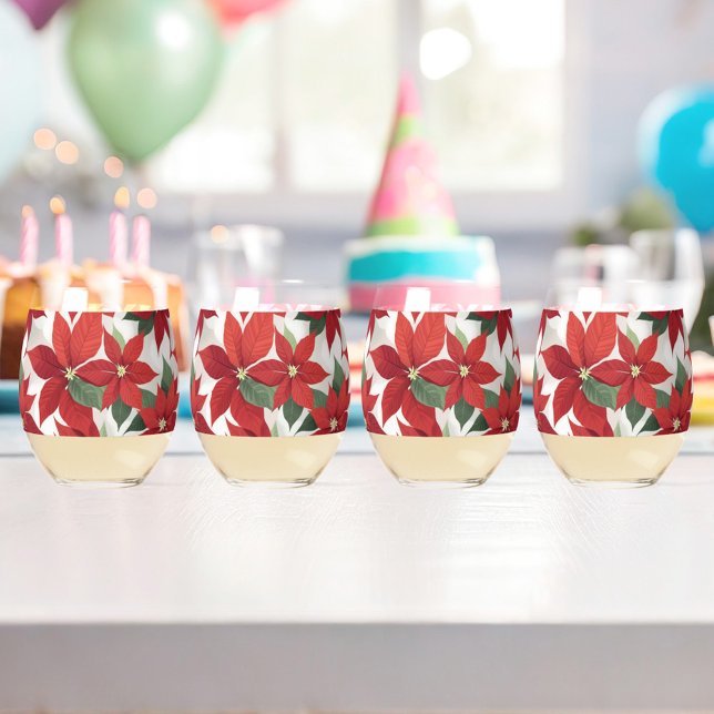 Red Poinsettias Flowers  Stemless Wine Glass (Red Poinsettias Christmas Glasses!)