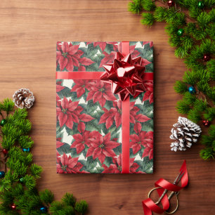 Red Poinsettias Green Leaves Wrapping Paper
