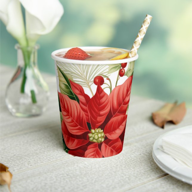 Red Poinsettias Holly Christmas Floral Holiday Paper Cups (Insitu)