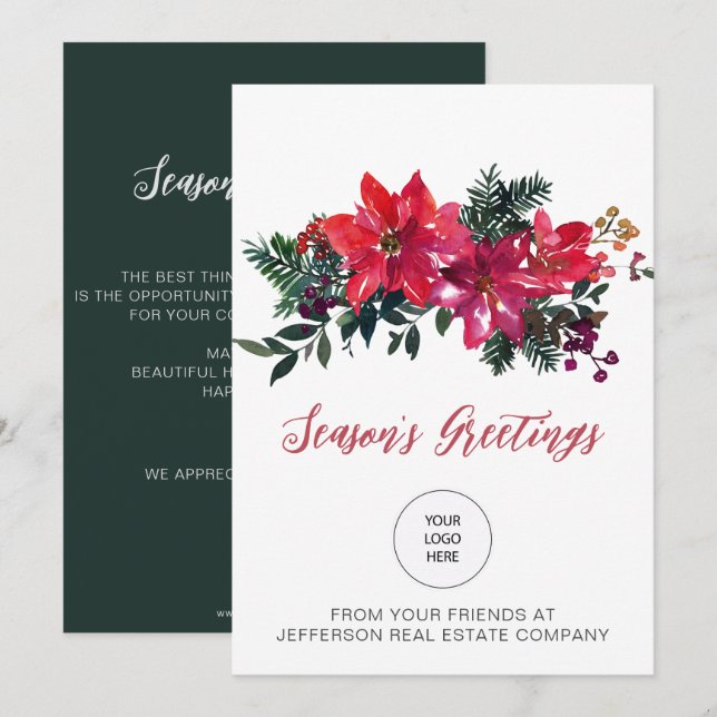 Red Poinsettias Holly Company Logo Business Holiday Card (Front/Back)