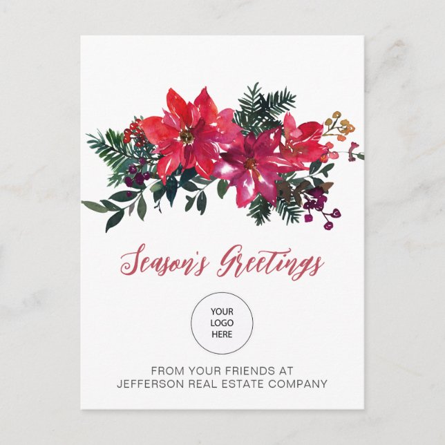 Red Poinsettias Holly Company Logo Business  Holiday Postcard (Front)
