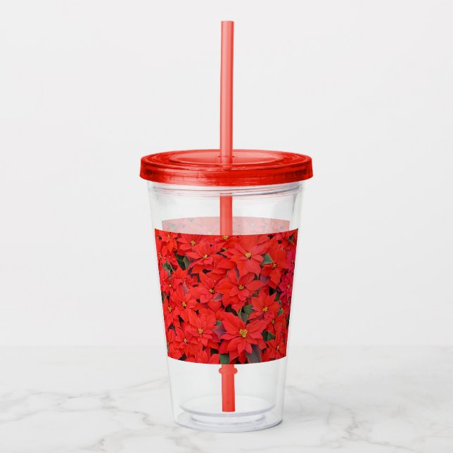 Red Poinsettias I Christmas Holiday Floral Photo Acrylic Tumbler (Front)