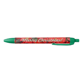 Red Poinsettias I Christmas Holiday Floral Photo Black Ink Pen