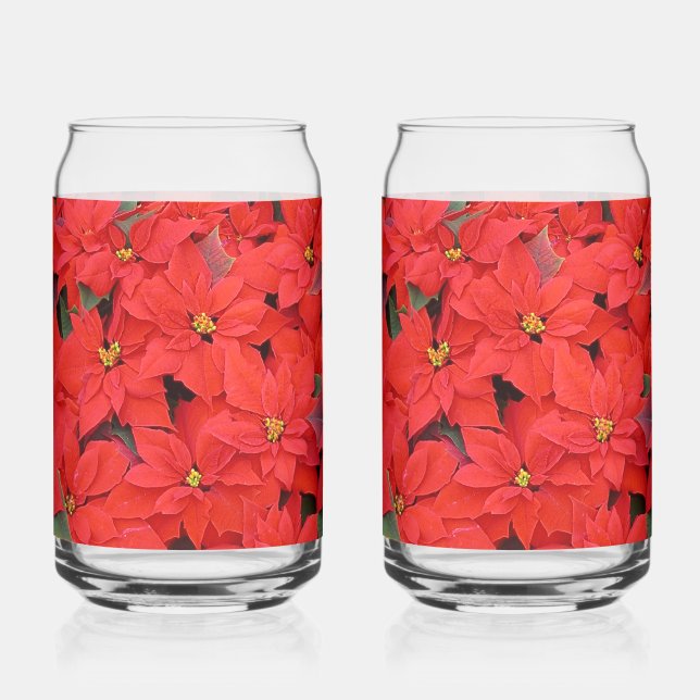 Red Poinsettias I Christmas Holiday Floral Photo Can Glass (Front)