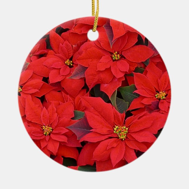 Red Poinsettias I Christmas Holiday Floral Photo Ceramic Tree Decoration (Front)