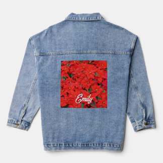 Red Poinsettias I Christmas Holiday Floral Photo Denim Jacket