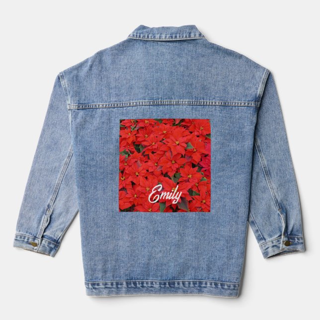 Red Poinsettias I Christmas Holiday Floral Photo Denim Jacket (Back)
