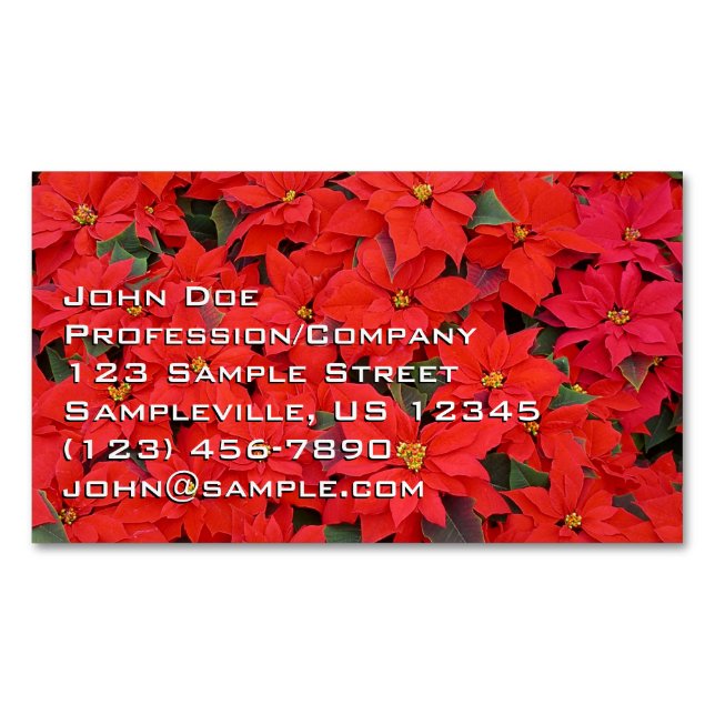 Red Poinsettias I Christmas Holiday Floral Photo Magnetic Business Card (Front)