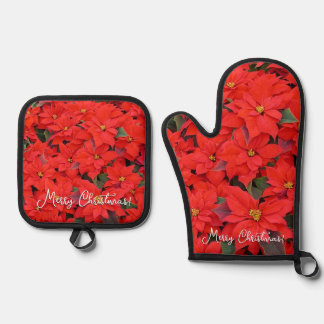 Red Poinsettias I Christmas Holiday Floral Photo Oven Mitt & Pot Holder Set
