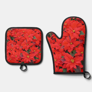 Red Poinsettias I Christmas Holiday Floral Photo Oven Mitt & Pot Holder Set