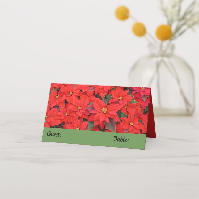 Red Poinsettias I Christmas Holiday Floral Photo Place Card (Front)