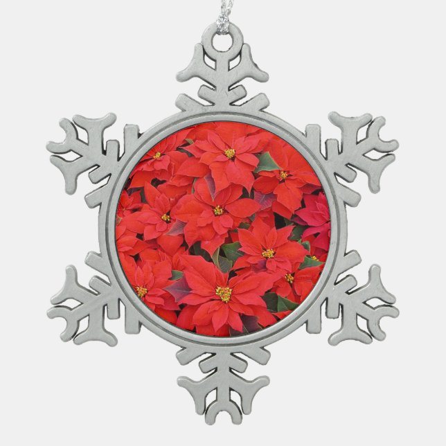 Red Poinsettias I Christmas Holiday Floral Photo Snowflake Pewter Christmas Ornament (Front)
